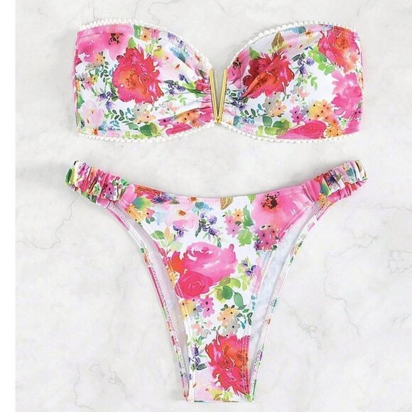 2 piece Floral Print Bandeau Bikini Swimsuit multicoor - Picture 3 of 8